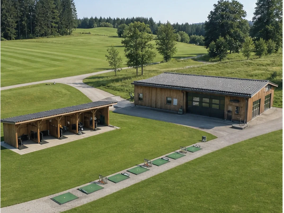 Übungsfläche und Betriebsgebäude einer Golfanlage
