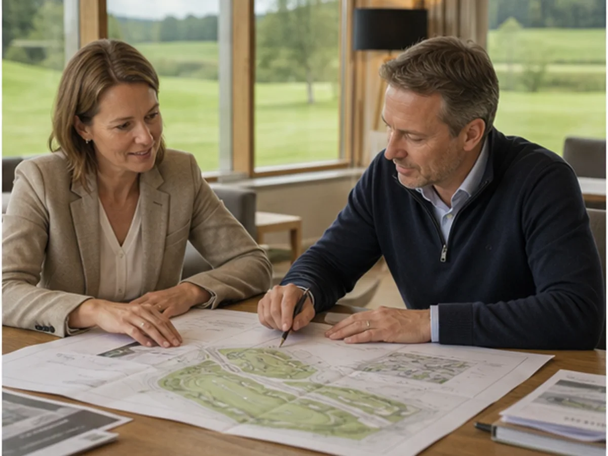 Eigentümer besprechen den Flächenplan einer Golfanlage